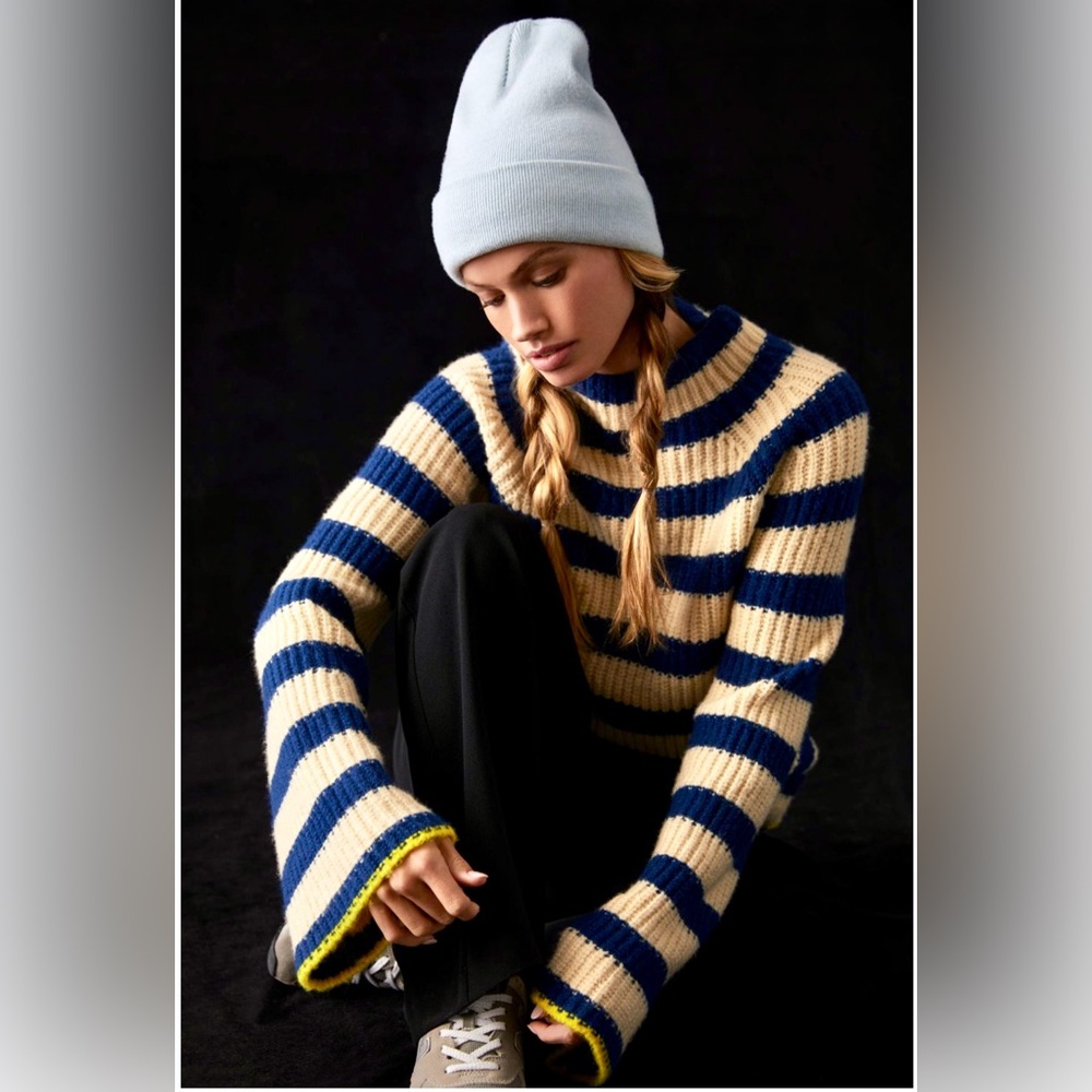 Maeve Anthropologie Navy & Cream Striped Turtleneck Sweater SZ S - Picture 2 of 10